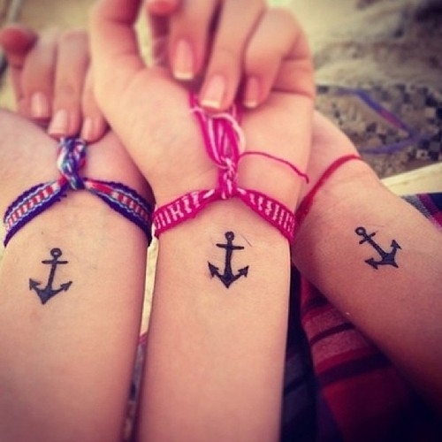 Black Anchor Tattoo On Three Sister Wrists