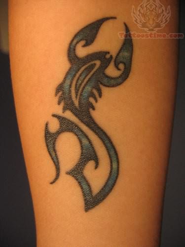 Black And Blue Zodiac Scorpio Tattoo On Forearm