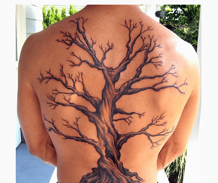 Black And Brown Without Leave Tree Tattoo On Full Back