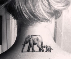 Black And Grey 3D Elephant With Elephant Calf Tattoo On Back Neck