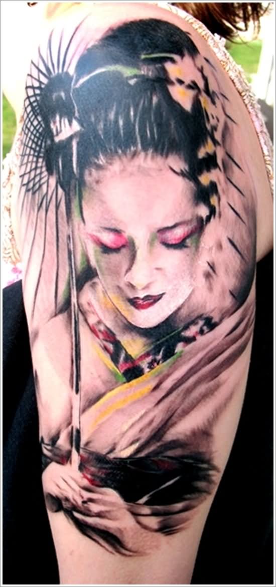 Black And Grey 3D Geisha Face Tattoo On Shoulder