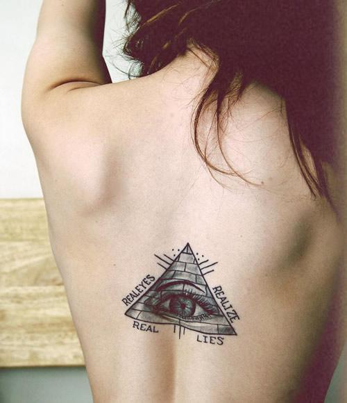 Black And Grey 3D Illuminati Eye Tattoo On Girl Back