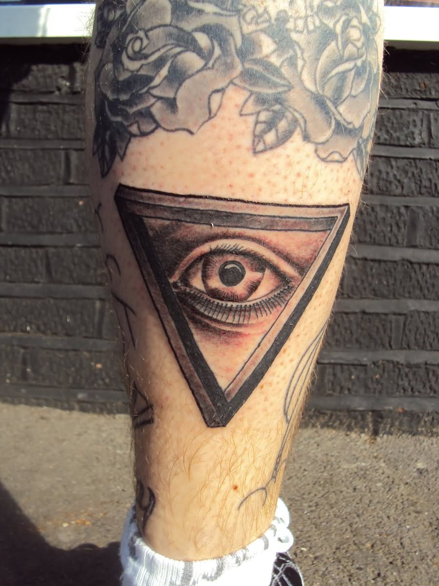 Black And Grey 3D Illuminati Eye Tattoo On Leg By Jonathan Toogood