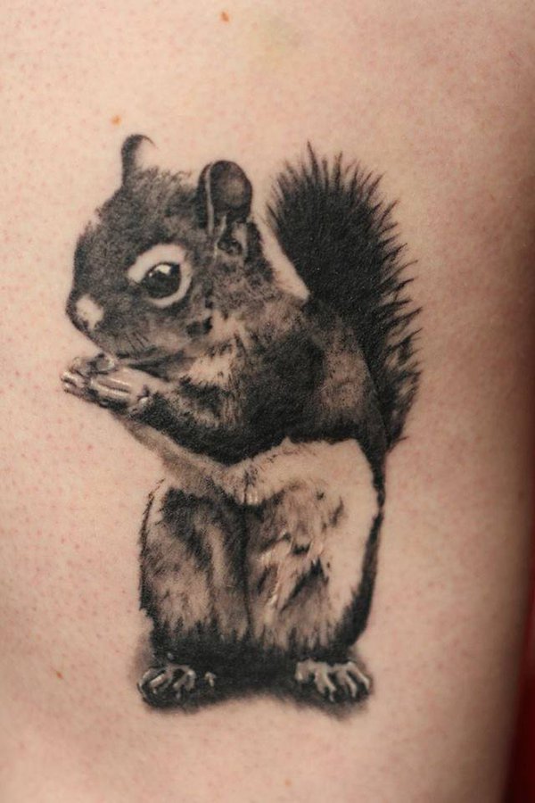 Black And Grey 3D Squirrel Tattoo Design By Angelique Grimm