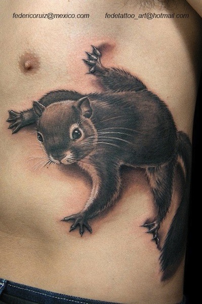 Black And Grey 3D Squirrel Tattoo On Side Rib