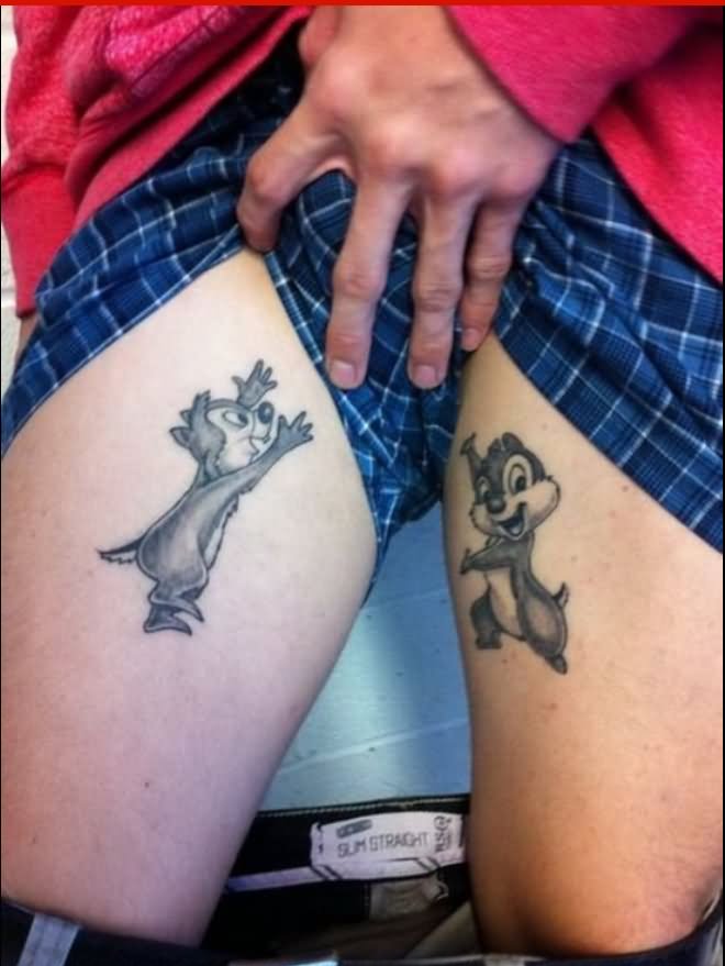 Black And Grey Cartoon Squirrel Tattoo On Both Thigh