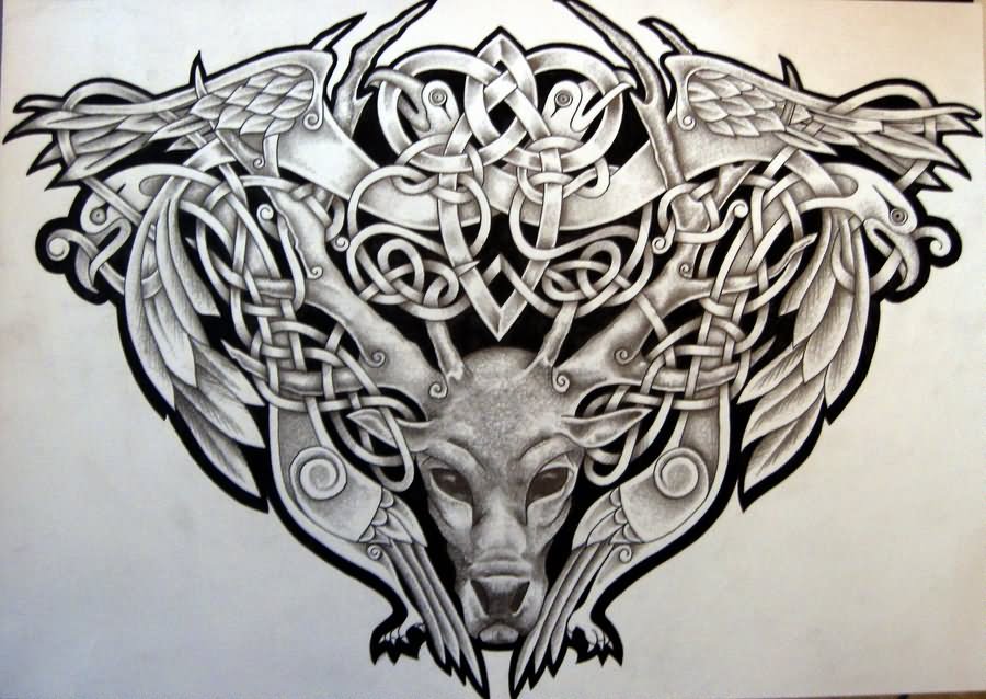 Black And Grey Celtic Stag With Birds Tattoo Design