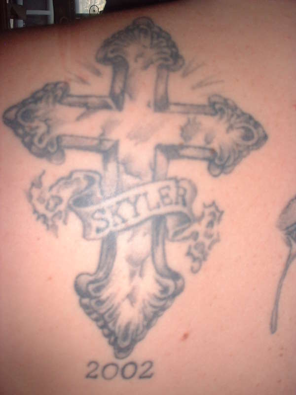 Black And Grey Cross With Banner Tattoo Design For Daughter