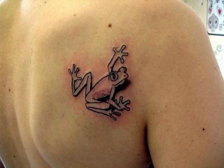 Black And Grey Frog Tattoo On Back Shoulder