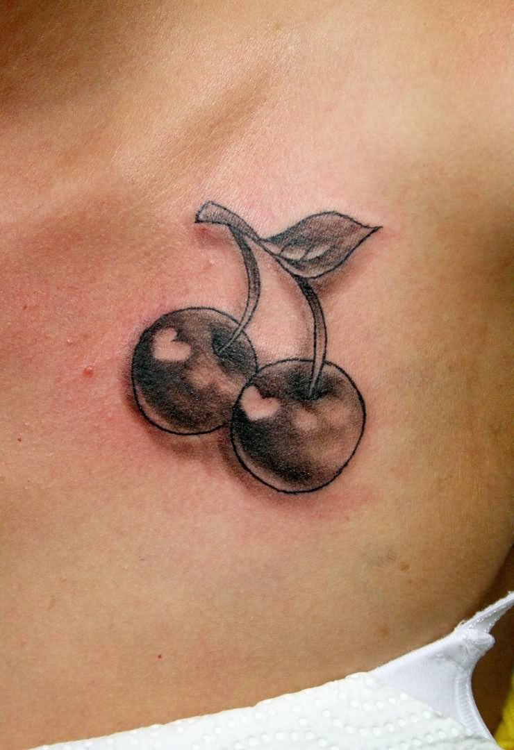Black And Grey Heart In Two Cherry Tattoo On Front Shoulder By 2Face Tattoo
