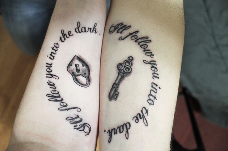 Black And Grey Heart Lock And Key With Message Tattoo On Both Forearm