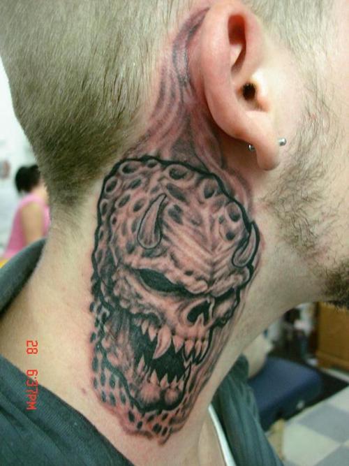 Black And Grey Horror Monster Face Tattoo On Man Side Neck