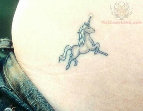 Black And Grey Little Unicorn Tattoo On Stomach