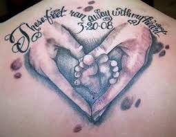Black And Grey Memorial 3D Daughter Feet On Mother Hand Tattoo On Upper Back