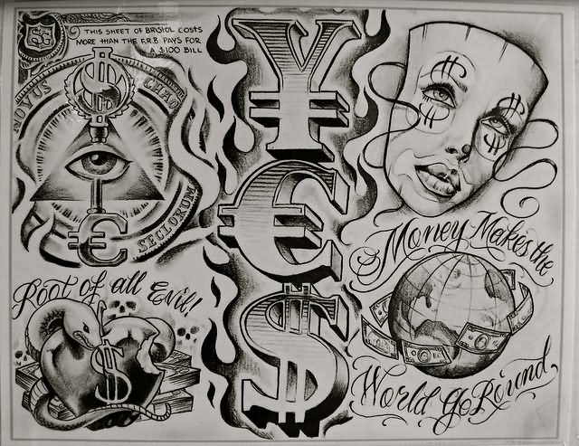 Black And Grey Money Symbols Tattoo Flash