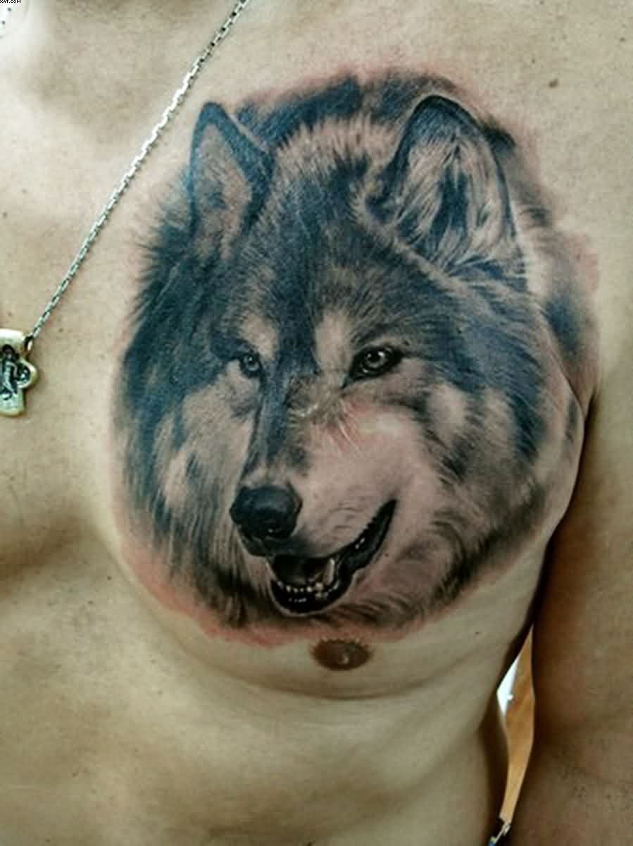 Black And Grey Realistic 3D Wolf Tattoo On Man Chest