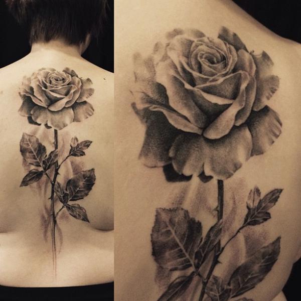 Black And Grey Realistic Rose With Leaves Tattoo On Man Full Back