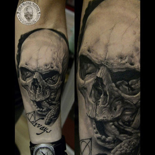 Black And Grey Realistic Skull Tattoo On Forearm
