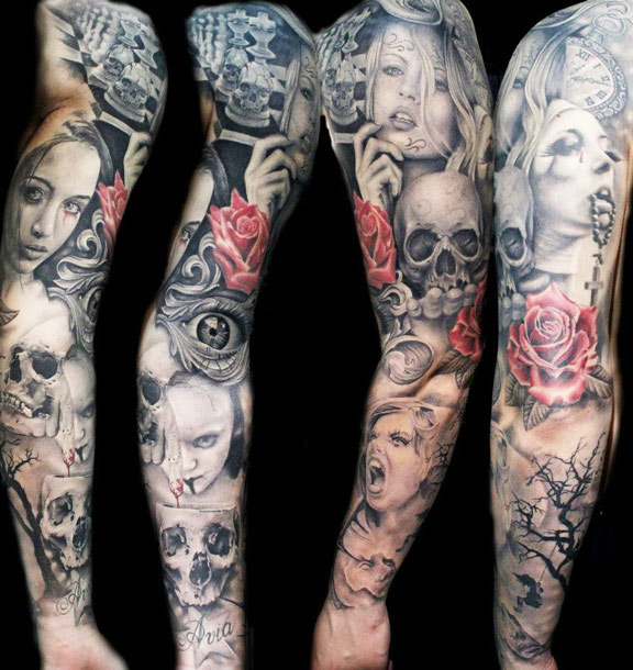 Black And Grey Realistic Skull With Girl Face And Red Rose Tattoo On Full Bicep
