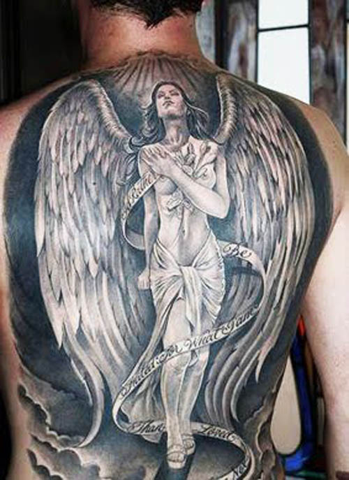 Black And Grey Religious 3D Angel With Banner Tattoo On Man Full Back