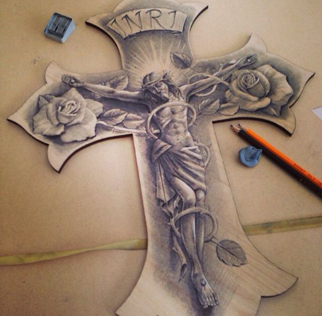 Black And Grey Religious 3D Jesus On Cross Tattoo Design