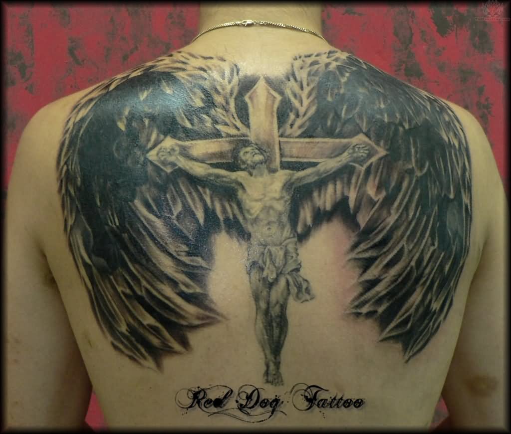 Black And Grey Religious 3D Jesus On Cross With Wings Tattoo On Man Upper Back