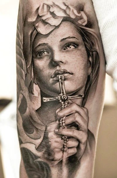 Black And Grey Religious 3D Rosary Cross Tattoo On Half Sleeve