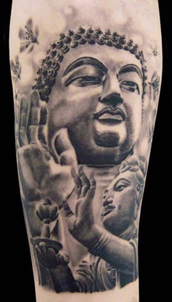 Black And Grey Religious 3D Two Buddhas Tattoo On Forearm
