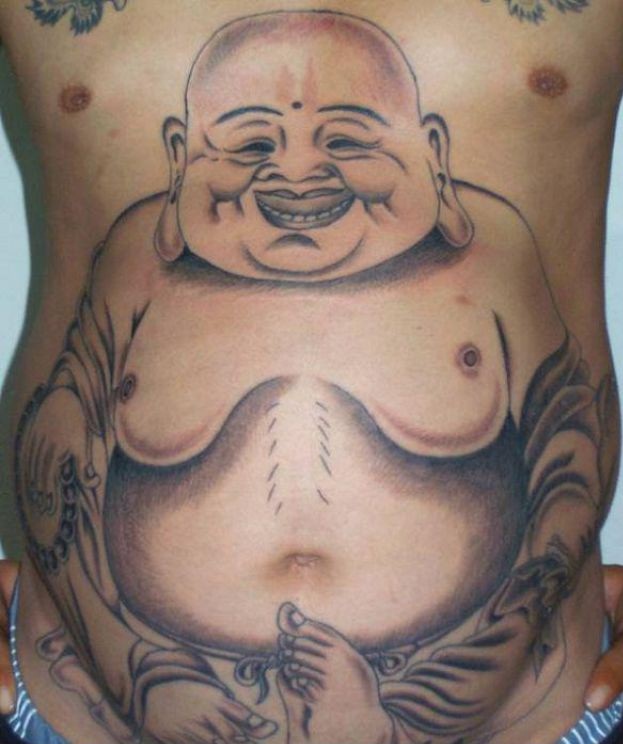 Black And Grey Religious Buddha Tattoo On Man Stomach