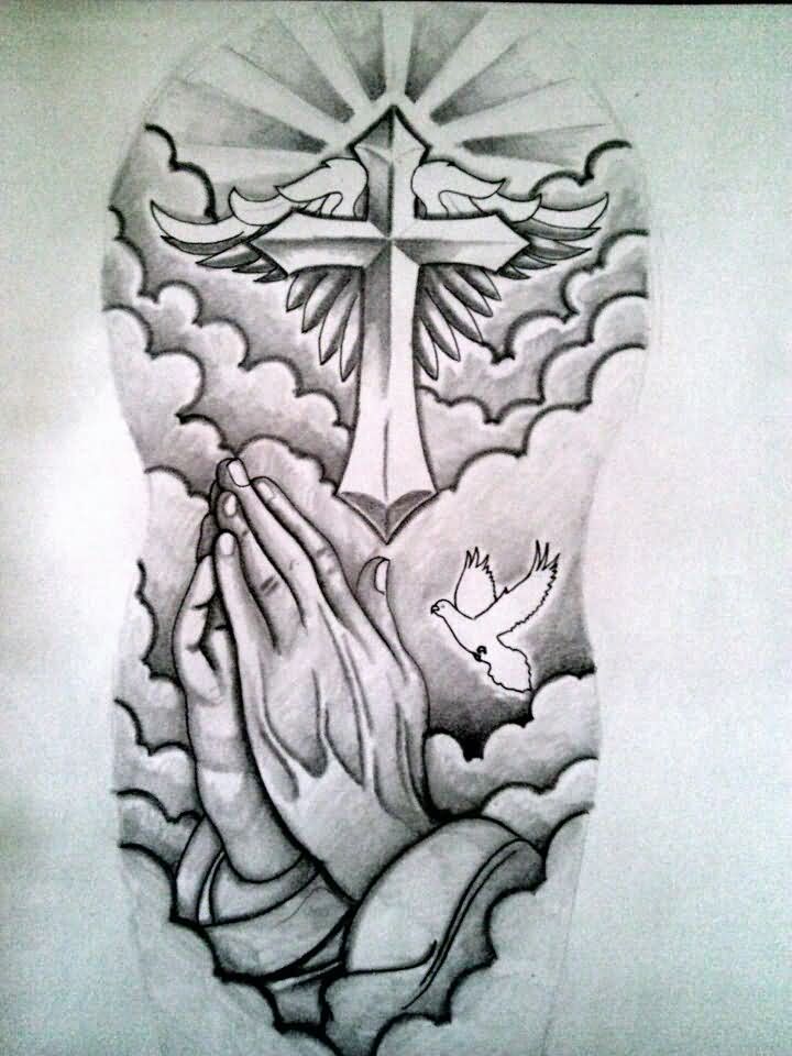 Black And Grey Religious Cross With Wings And Praying Hand Tattoo Design By Montykvirge
