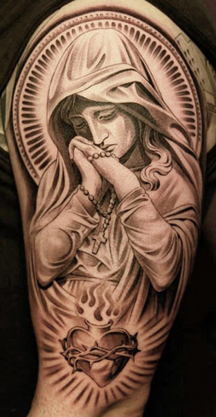 Black And Grey Religious Saint Mary Tattoo On Half Sleeve