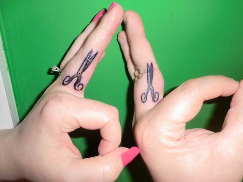 Black And Grey Scissor Tattoo On Couple Finger