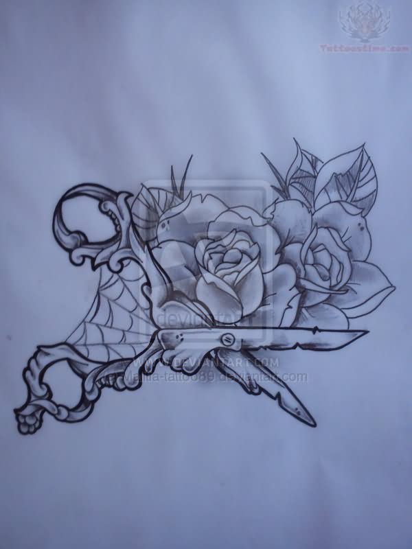 Black And Grey Scissor With Two Roses Tattoo Stencil