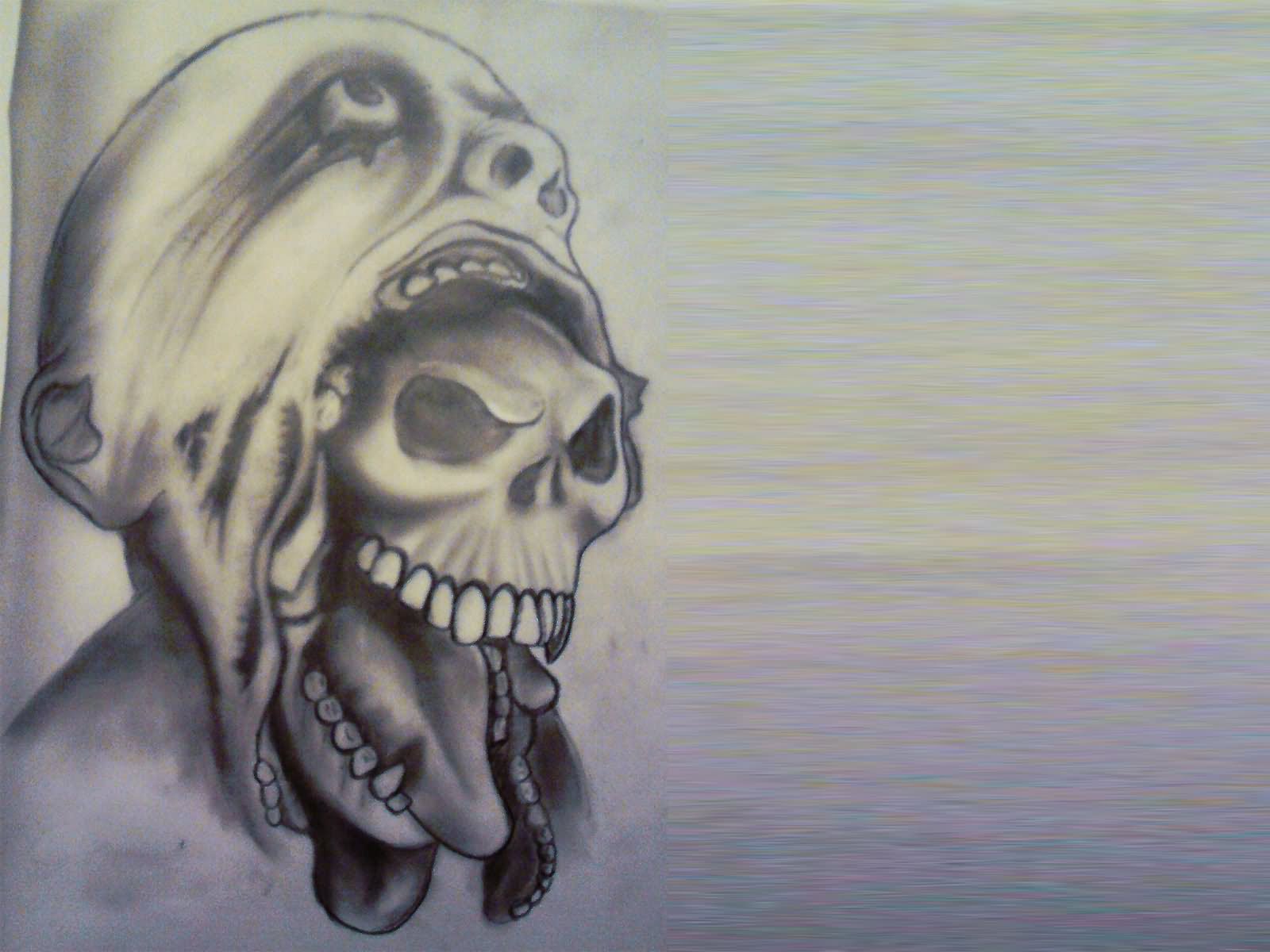 Black And Grey Skull In Monster Mouth Tattoo Design