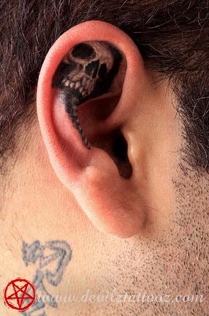 Black And Grey Skull Tattoo On Man Inside The Ear