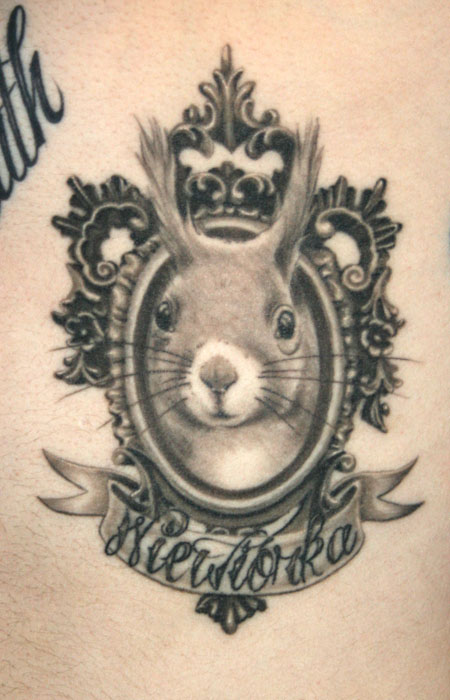 Black And Grey Squirrel In Frame Tattoo Design By Natalia Borgia