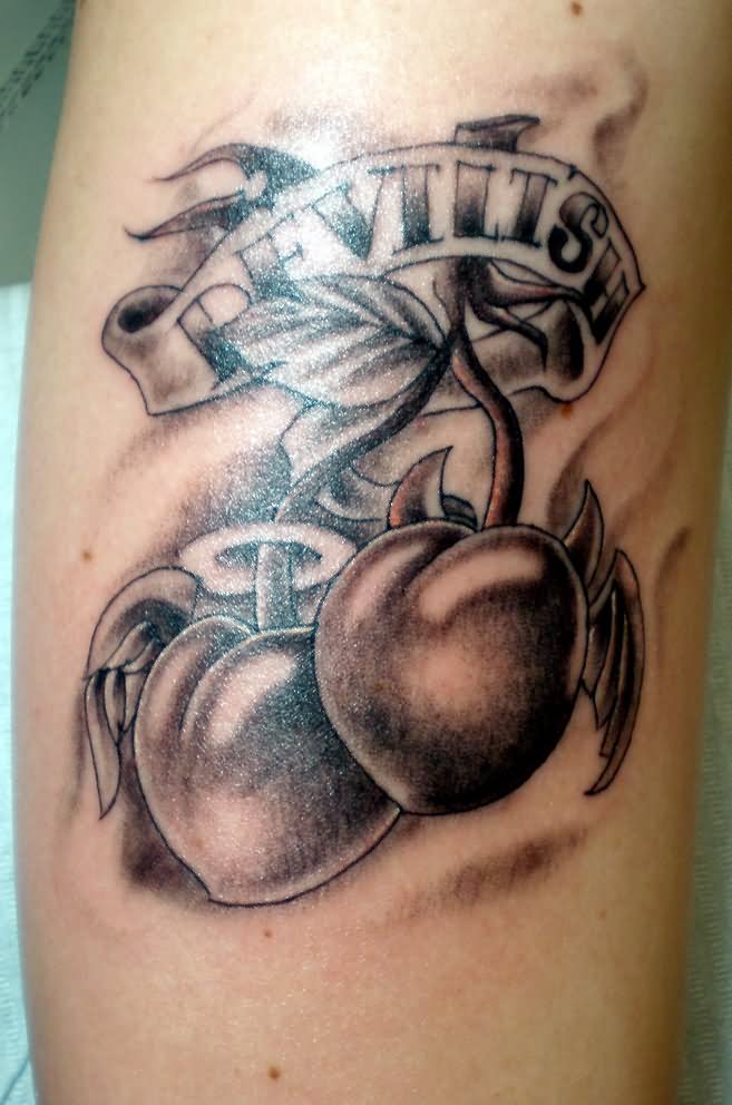 Black And Grey Two Cherry With Banner Tattoo Design