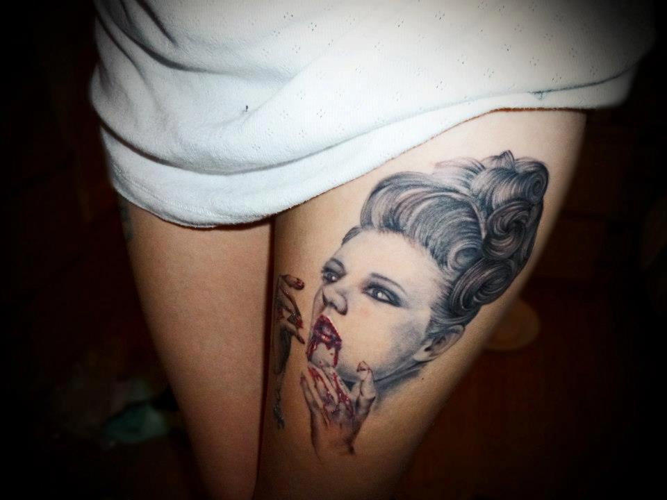 Black And Grey Vampire Girl Tattoo On Thigh