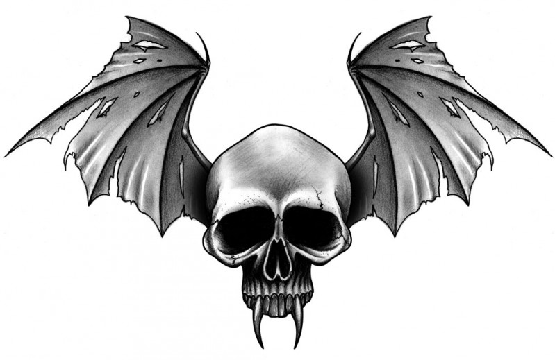 Black And Grey Vampire Skull With Bats Wings Tattoo Design