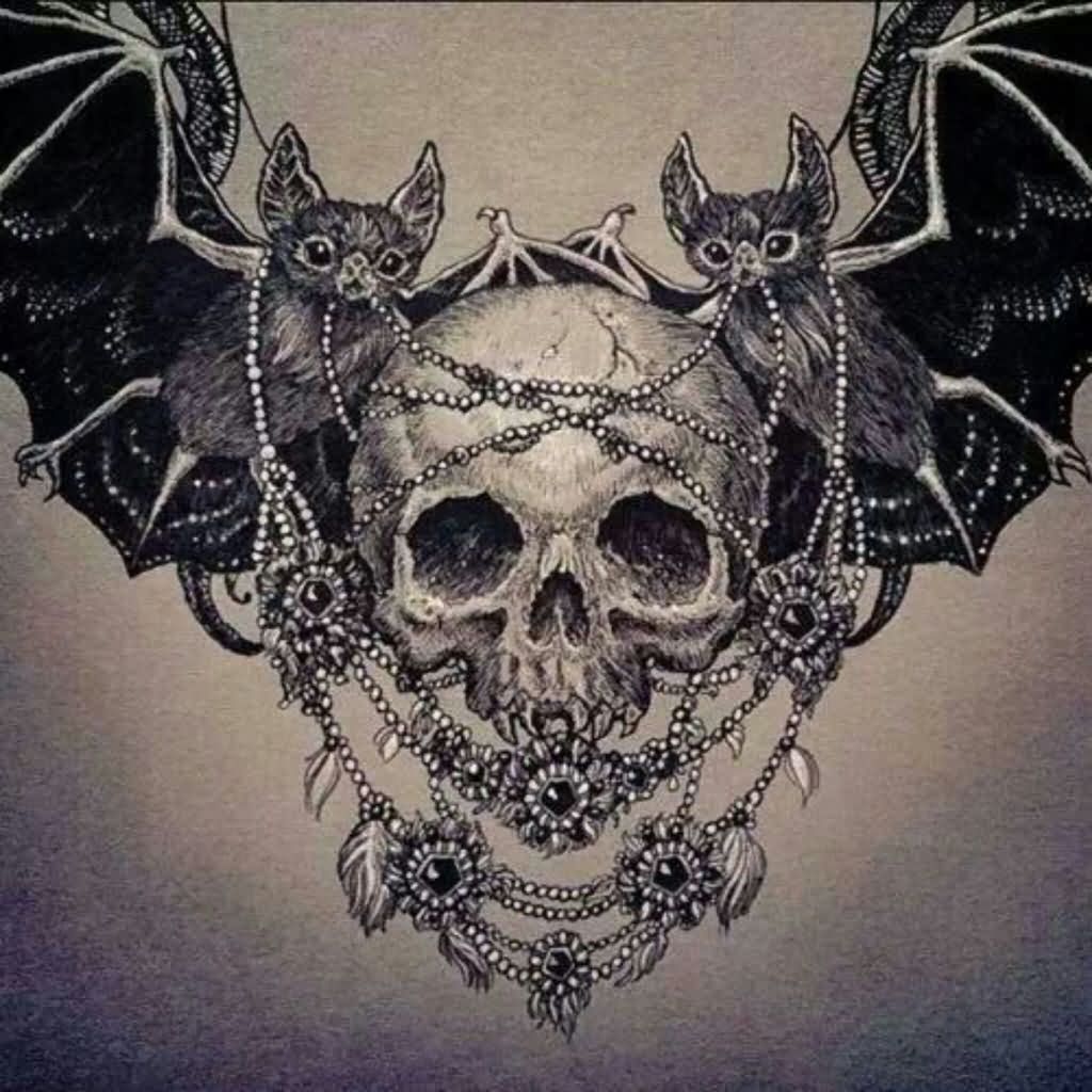Black And Grey Vampire Skull With Two Flying Bats Tattoo Design By Julia Vysotskaya
