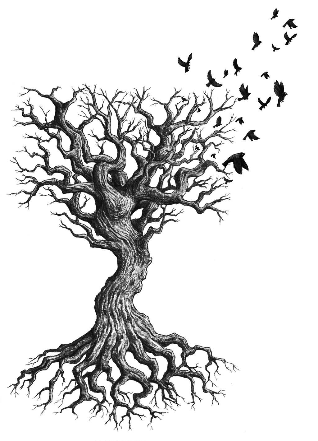 Black And Grey Without Leaves Tree With Flying Birds Tattoo Design