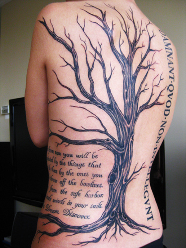 Black And Grey Without Leaves Tree With Message Tattoo On Full Back