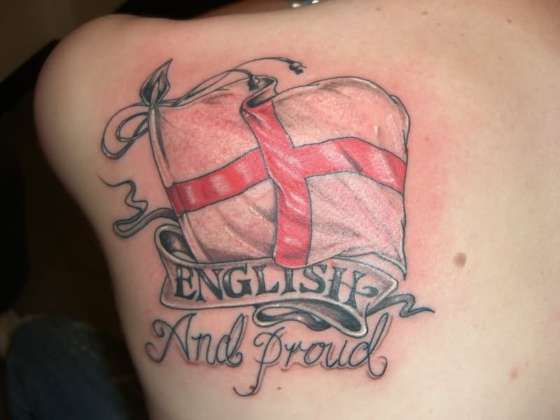 Black And Red England Flag With Banner Tattoo On Back Shoulder