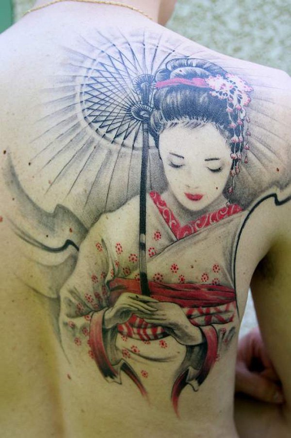 Black And Red Geisha Tattoo On Man Upper Back
