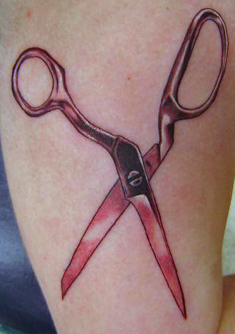 Black And Red Scissor Tattoo On Bicep