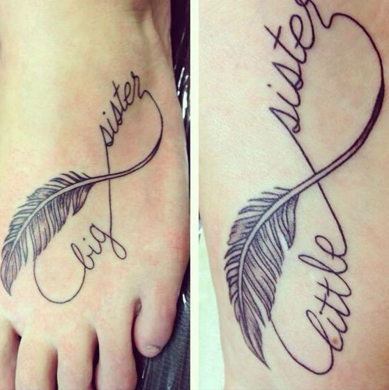 Black Big Sister And Little Sister Infinity Feather Tattoo On Foots