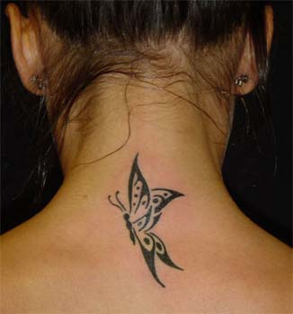 Black Butterfly Tattoo On Girl Nape