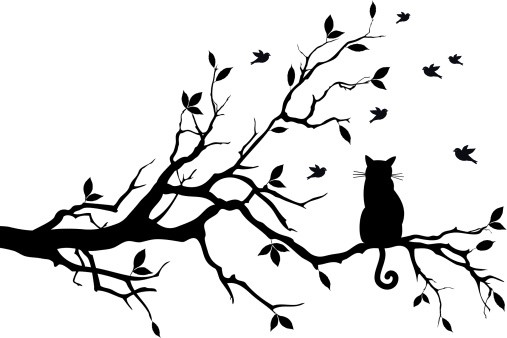 Black Cat Sit On Tree Branch Tattoo Stencil