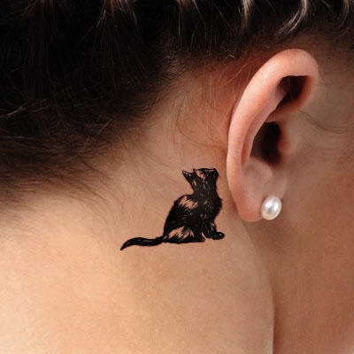 Black Cat Tattoo On Behind The Ear