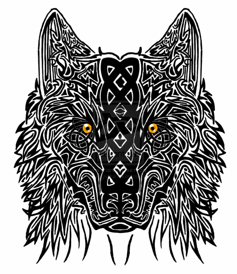 Black Celtic Wolf Head With Tattoo Design By Lin